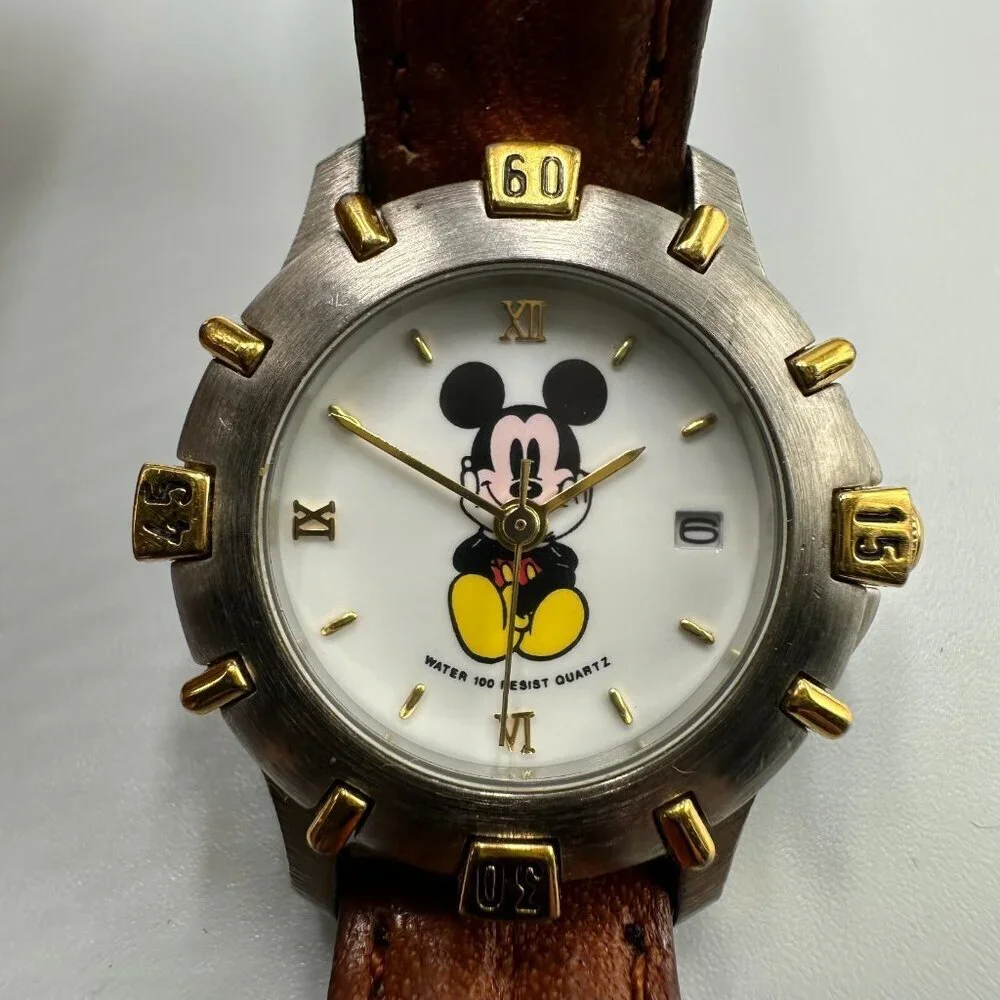 Disney Mickey Mouse Watch Women Silver Tone Date Window Brown Band New Battery